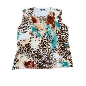 Vintage Y2K Knit Sweater Tank Sleeveless Animal Leopard Floral XL Beaded Fairy